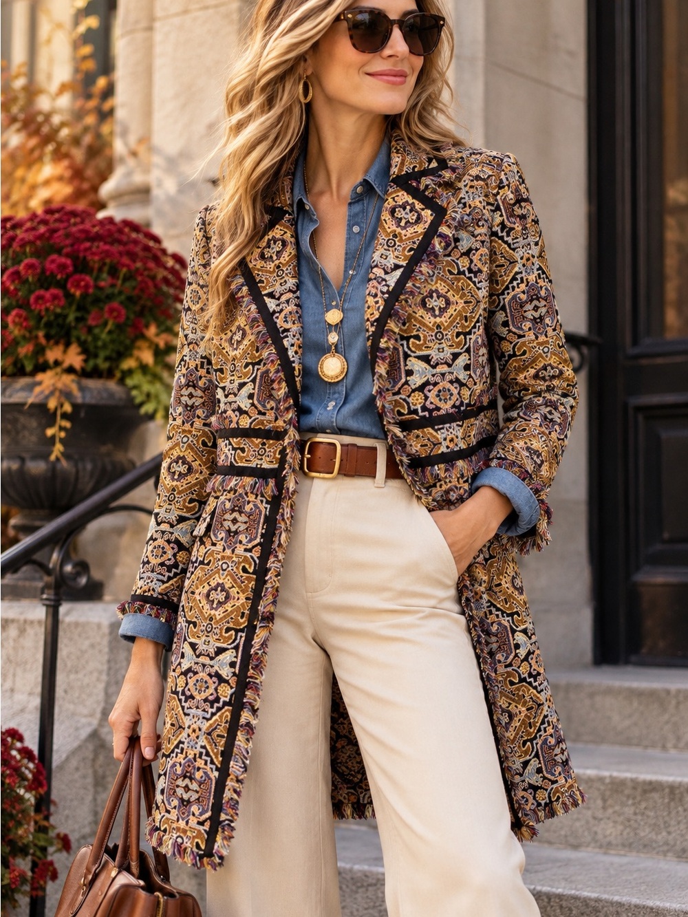 Chico’s Tapestry Jacquard Fringe Long Blazer Coat Boho Artsy Size Small/Medium P